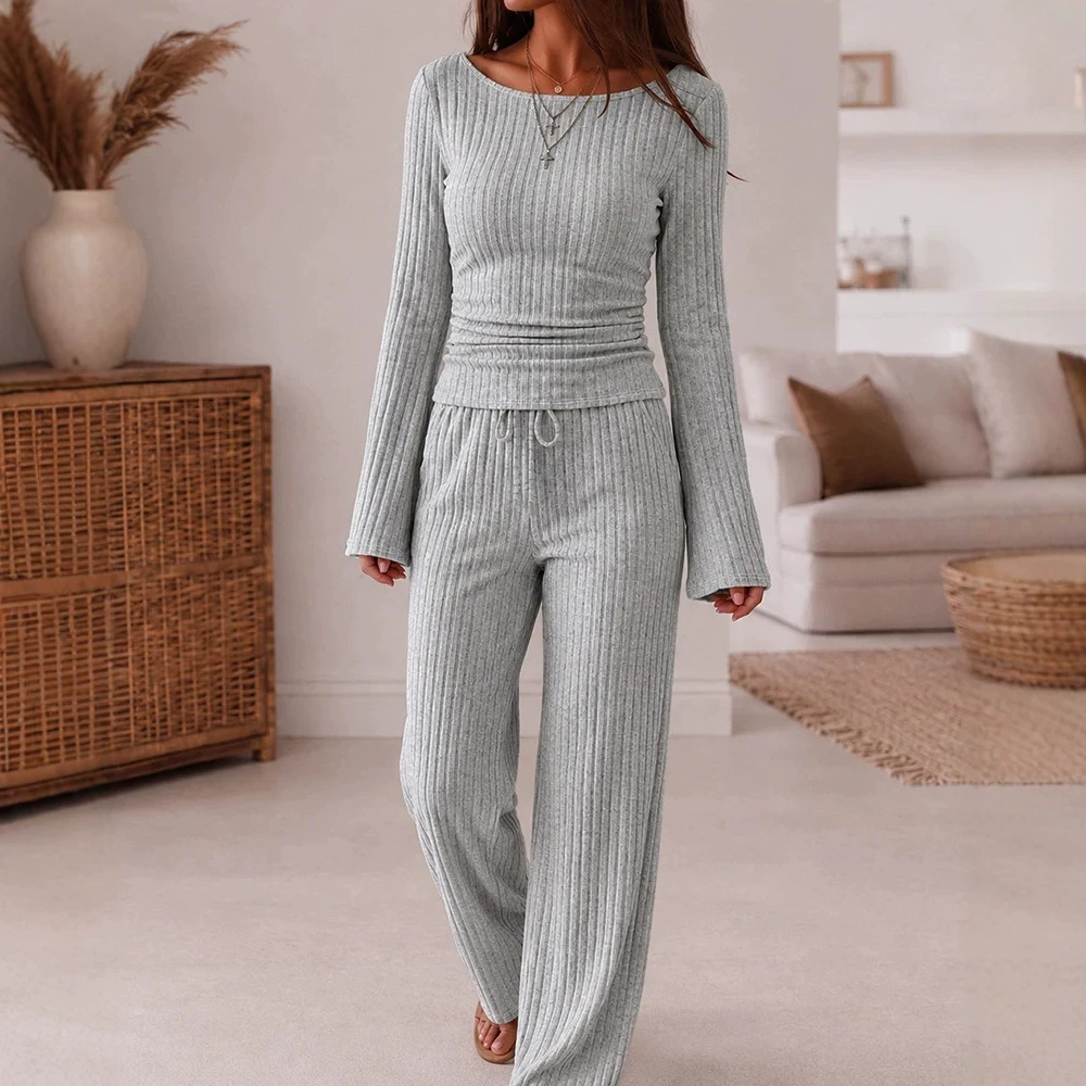 Women's Ribbed Knit Lounge Set Off-Shoulder Flared Sleeve Ruched Top & Wide-Leg Pants