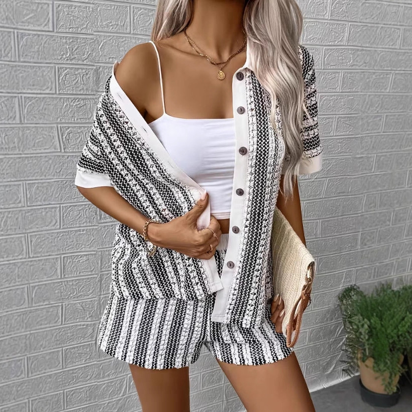 Striped Knit Collared Cardigan and Shorts Set