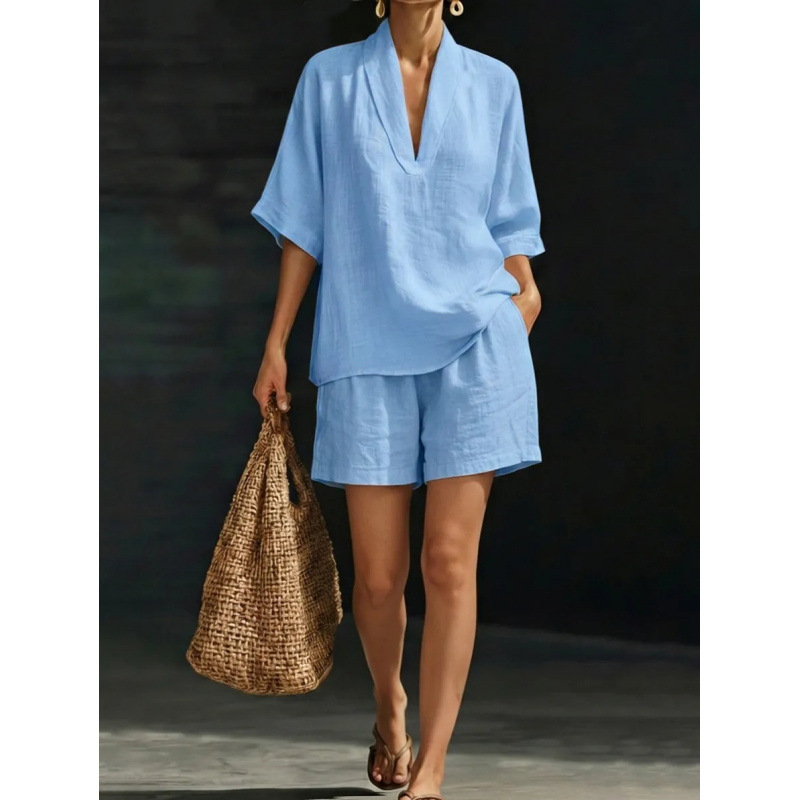 Women's V-Neck Short Sleeve Wide Leg Pants Set Casual Loose Fit