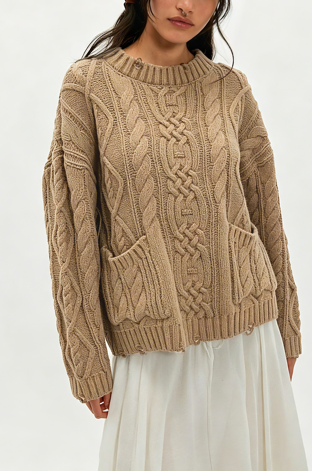 Women's Crewneck Cable-Knit Sweater with Pockets