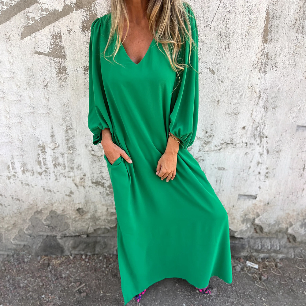 Women's Casual Loose V-Neck Solid Lantern Sleeve Midi Dress