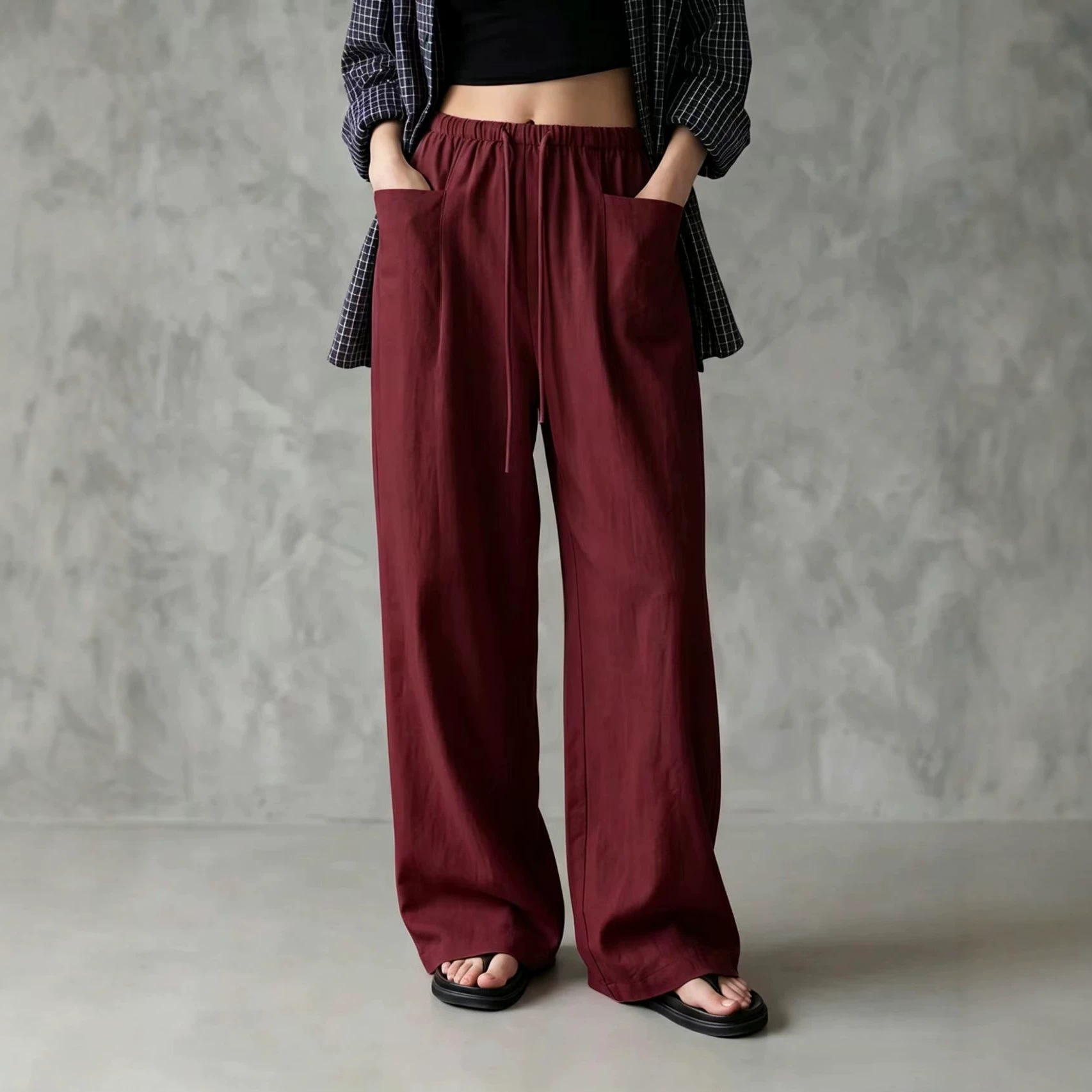 Women's Solid Color Wide-Leg High-Waist Loose Tie Casual Pants