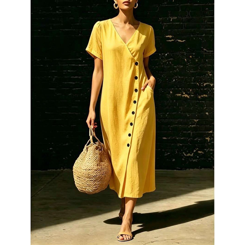 Women's V-Neck Button A-Line Midi Dress with Puff Sleeves