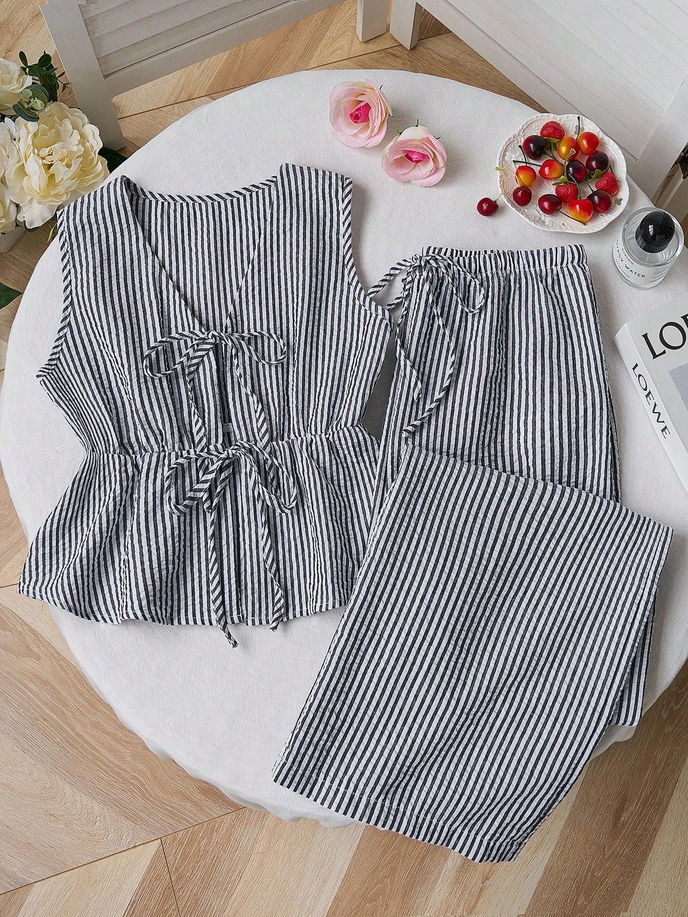 Striped Sleeveless Tank Top and Wide-Leg Pants Set