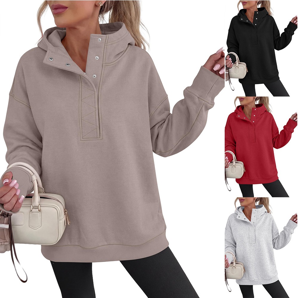 Women's Half-Button Hooded Sweatshirt Long Sleeve Loose Fit