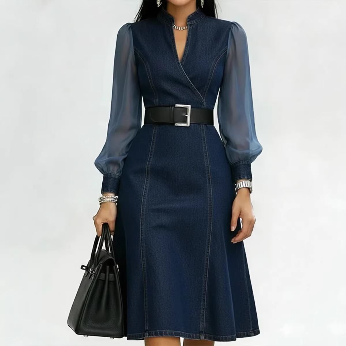 Long Sleeve Stand Collar Cinched Waist Denim Dress