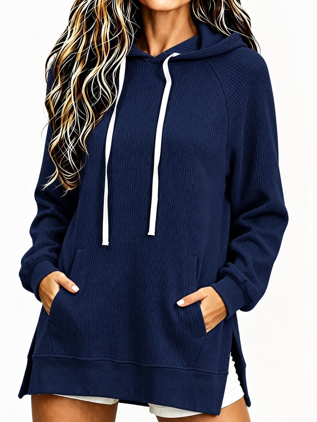 Women's Waffle Knit Hooded Sweatshirt Fall Winter New Loose Mid-Length Pullover with Pockets