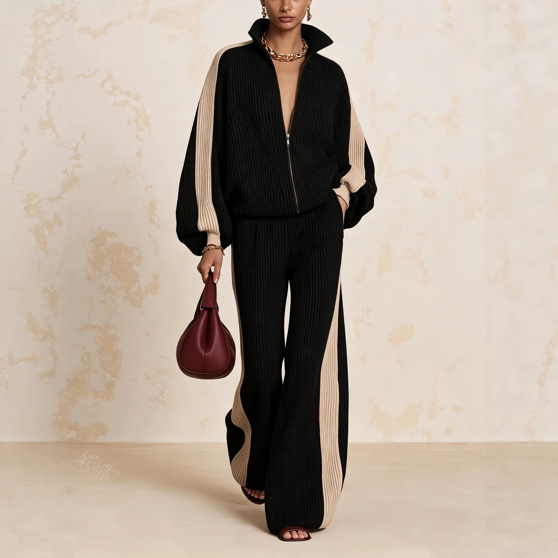 Corduroy Color-Block Knit Two-Piece Set with Wide-Leg Pants
