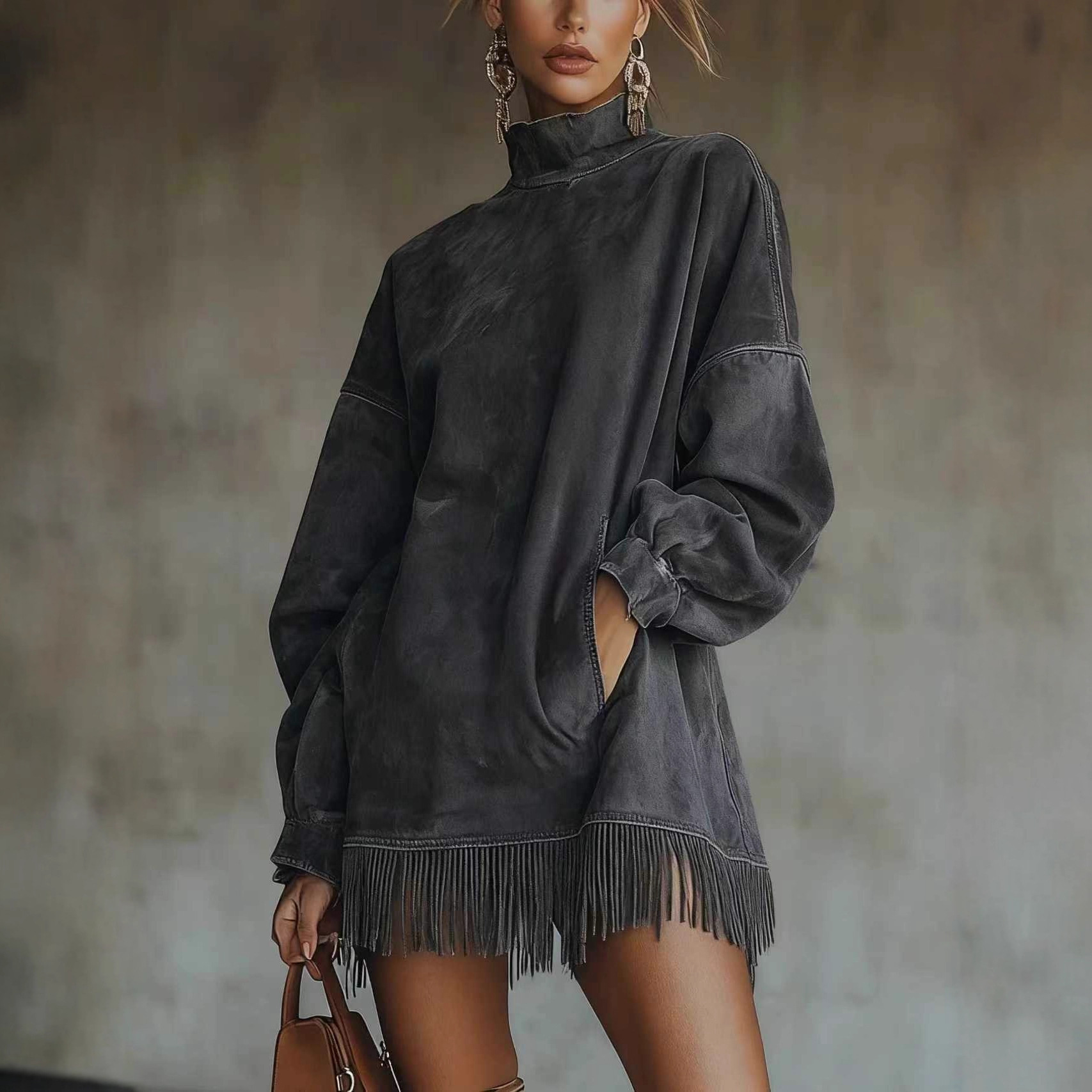 High Neck Loose Pocket Fringe Long Sleeve Faux Suede Dress