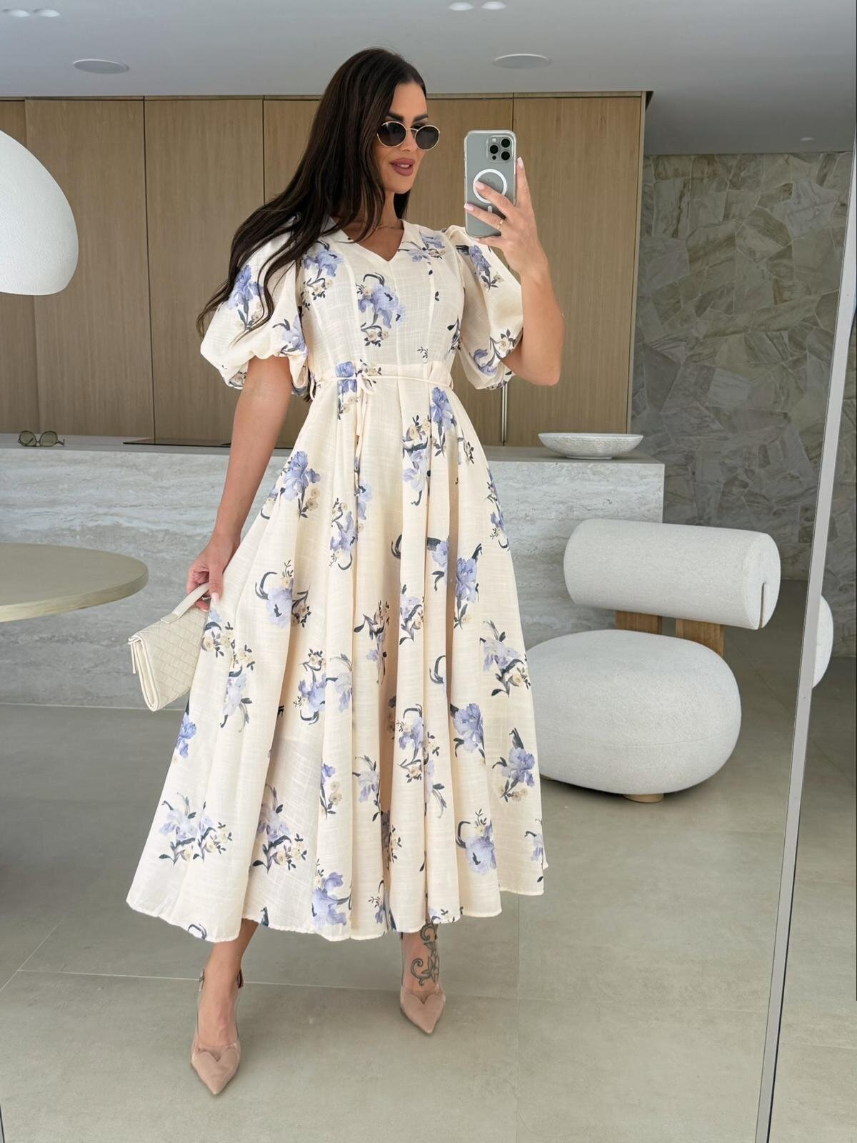 Women's Summer V-Neck Short Sleeve Floral Print Tie-Waist Maxi Dress