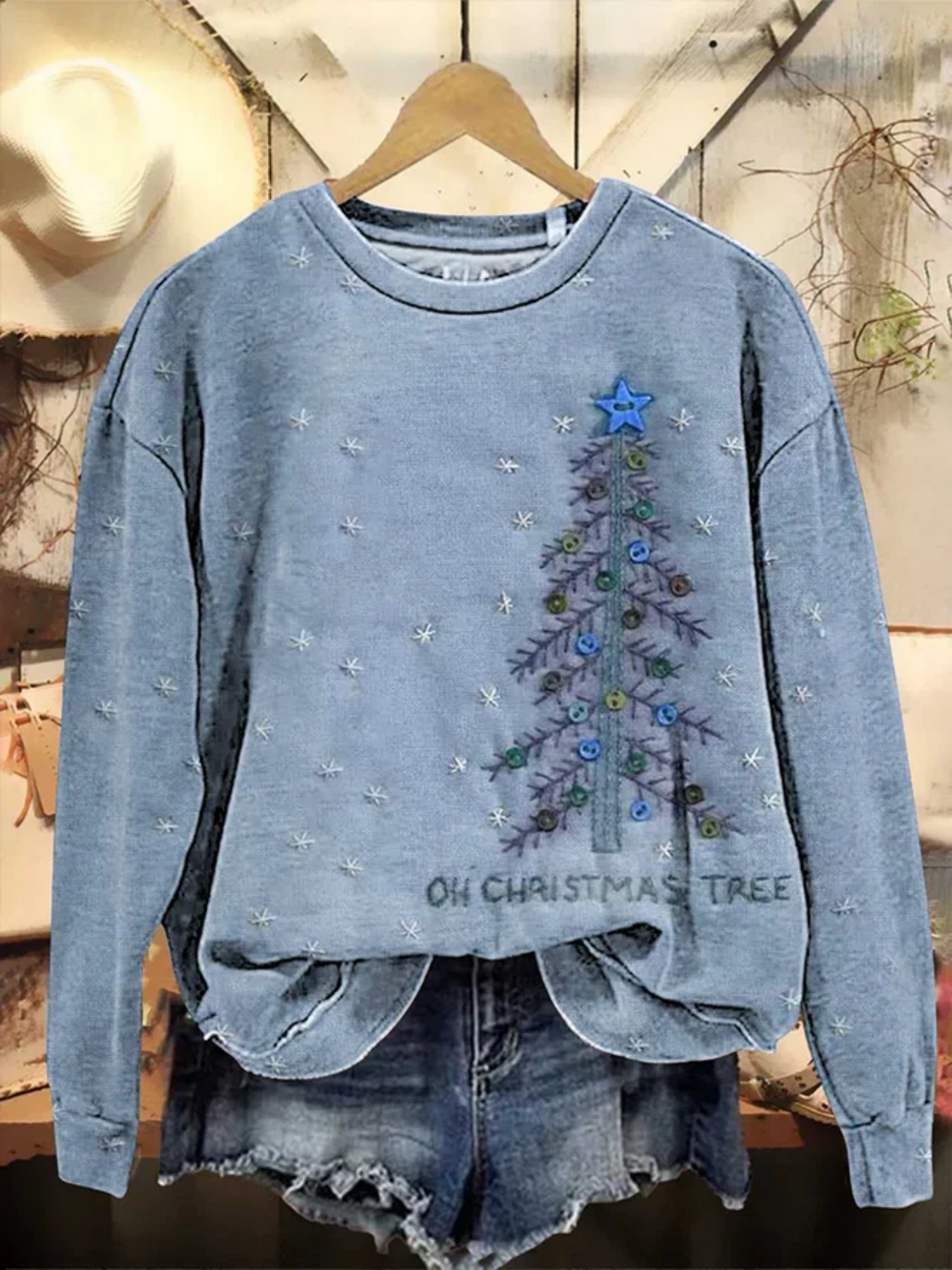 Christmas Tree Print Crewneck Long Sleeve Pullover Sweatshirt