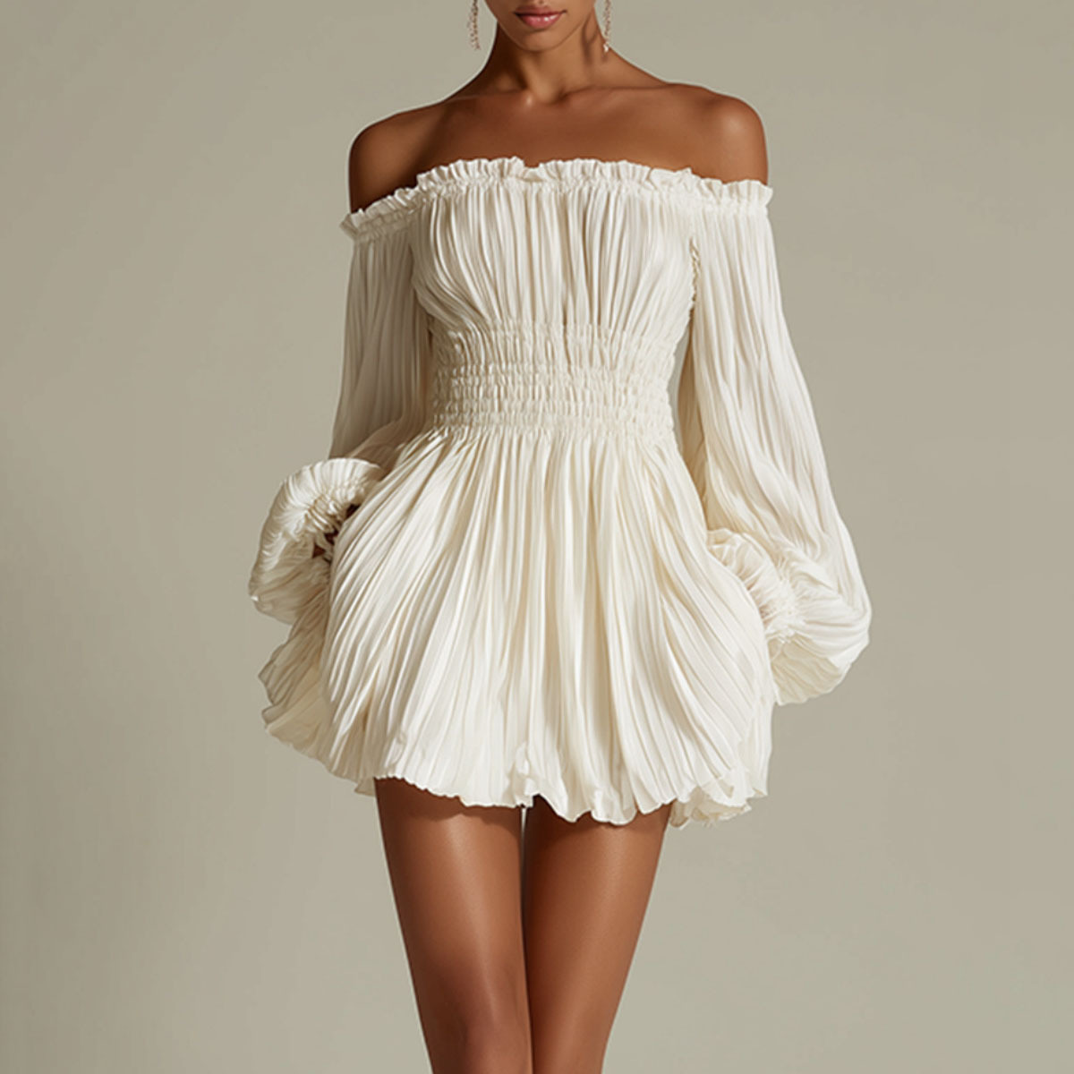 Off-Shoulder Ruched Long-Sleeve A-Line Dress