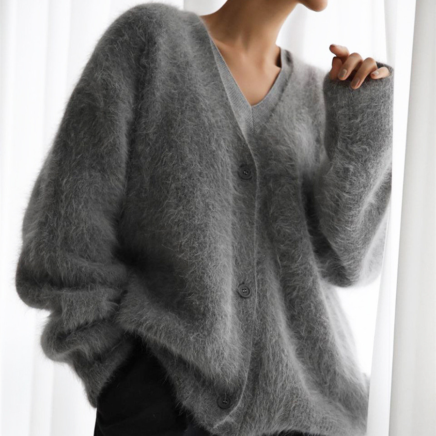 Faux Mink V-Neck Knit Cardigan Women Loose Solid Color Button Front