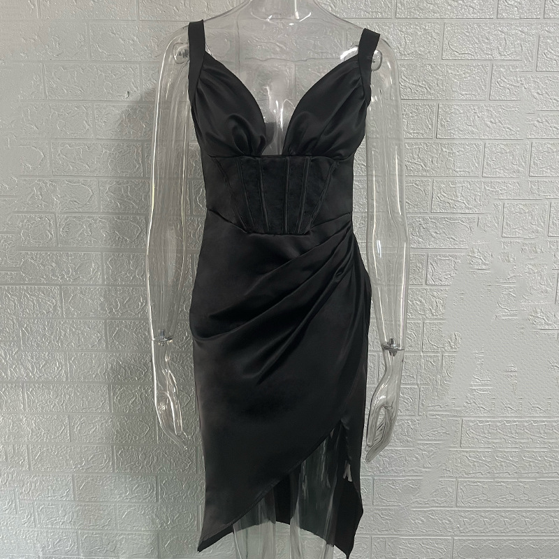 Sexy Deep V High Waist Cami Dress Asymmetrical Hem Mini Party Dress