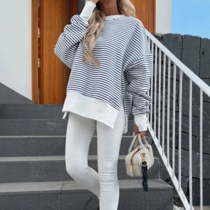 Nautical Striped Crewneck Pullover Sweatshirt for Women Relaxed Fit