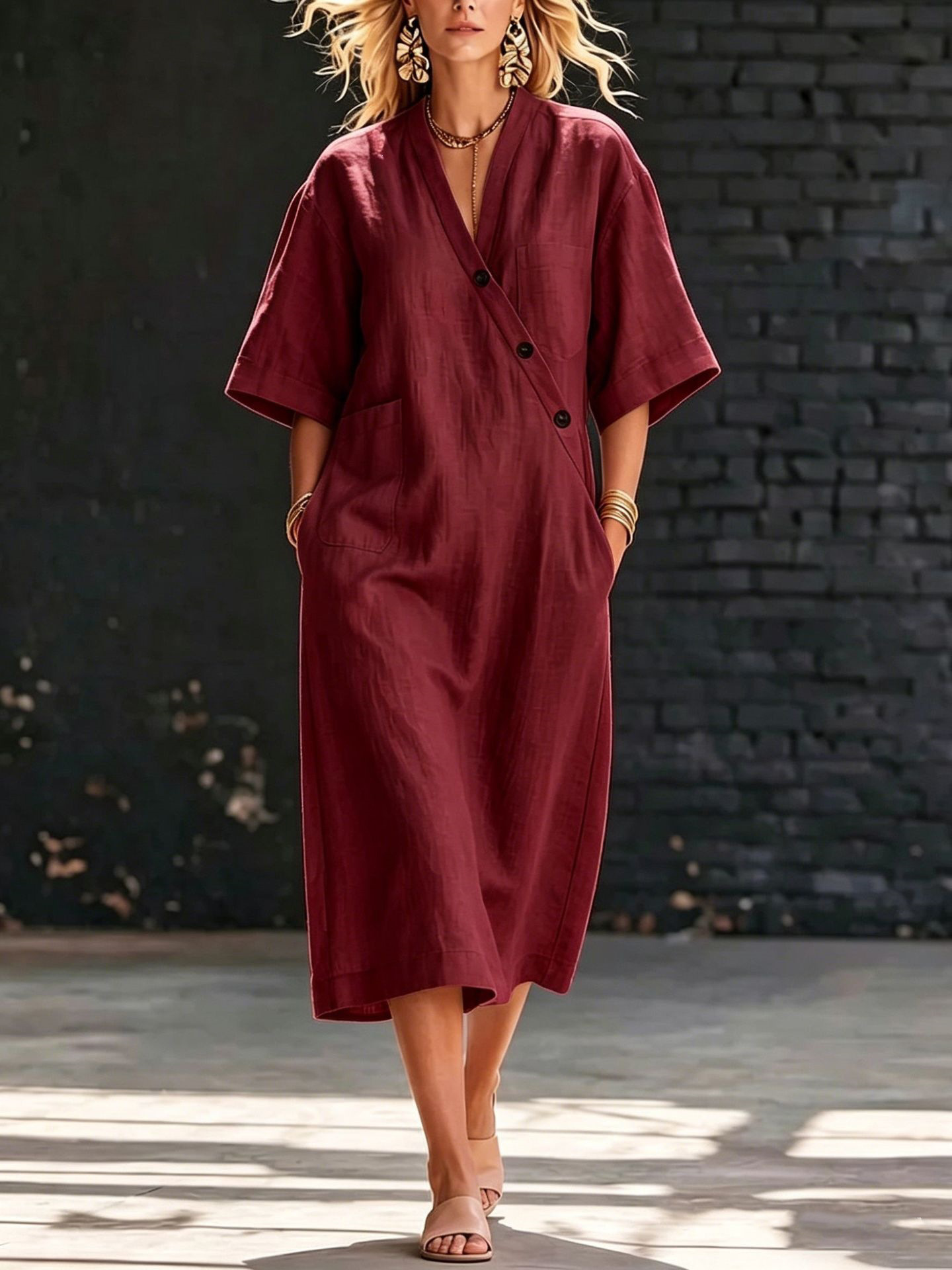 V-Neck Button-Front Cotton-Linen Midi Dress with Pockets Short Sleeve