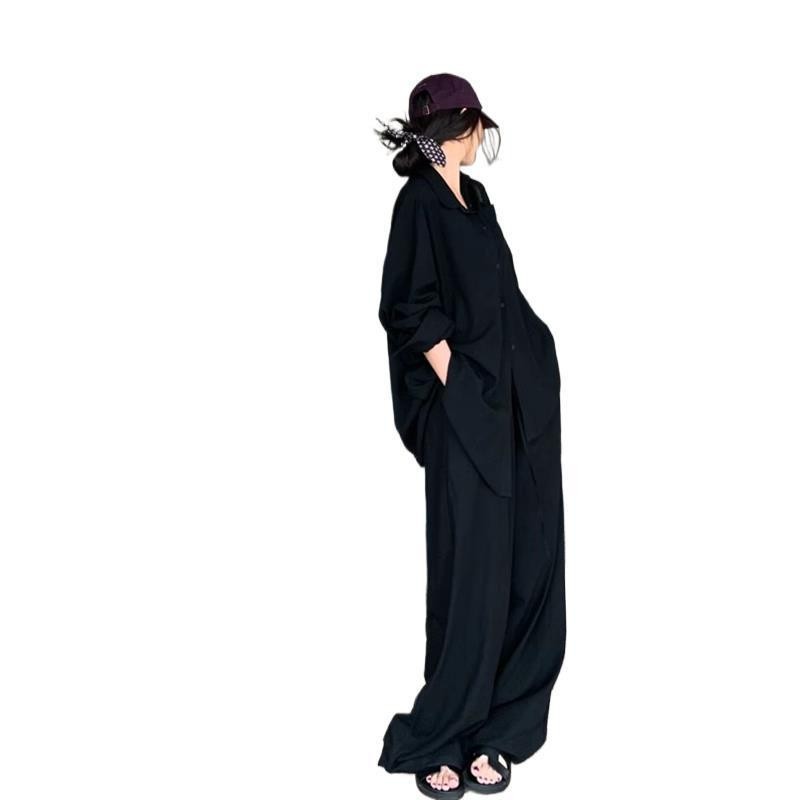 Women's Black Shirt & Wide-Leg Pants Set Casual Two-Piece