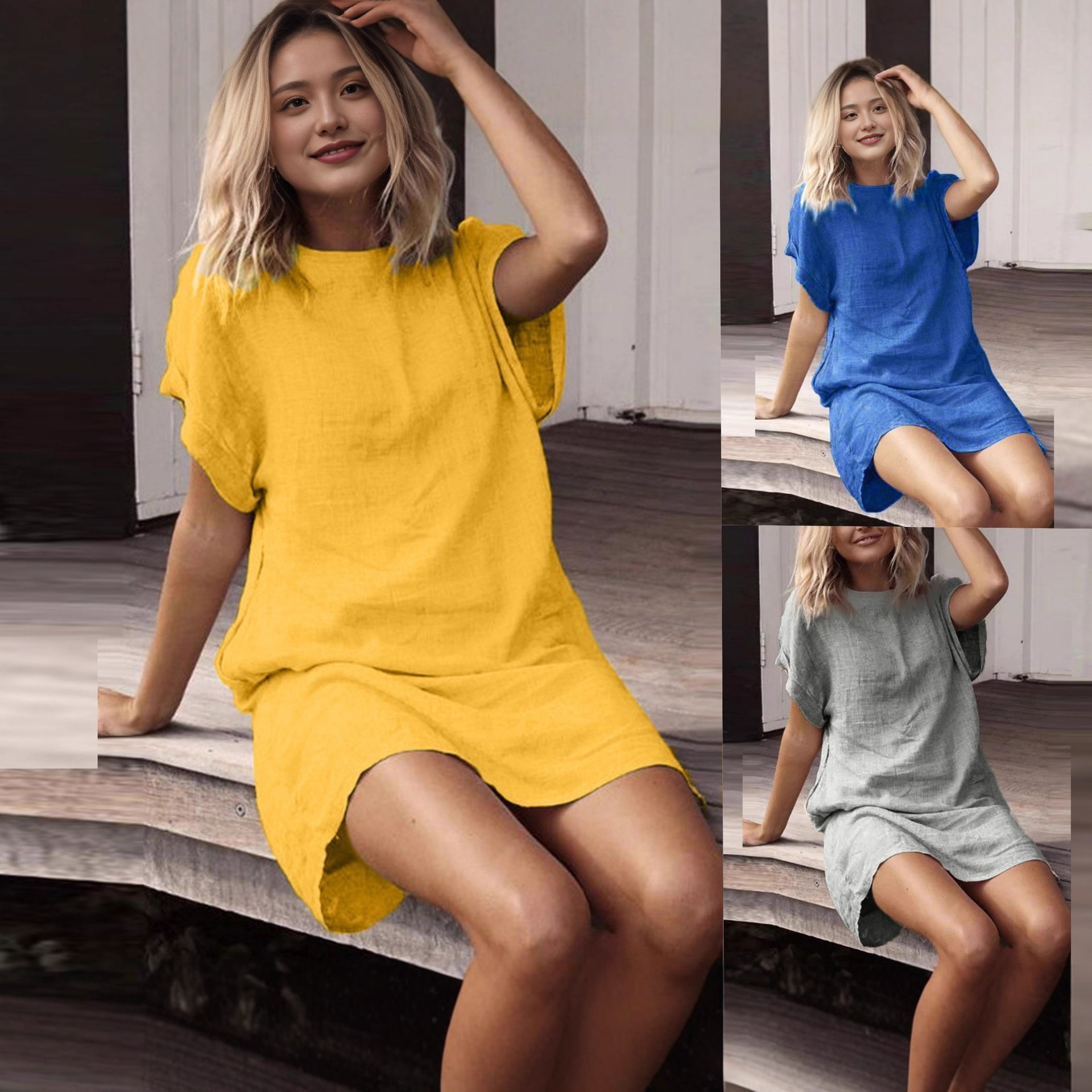 Women's Loose Casual Solid Short Sleeve Cotton Linen Dress