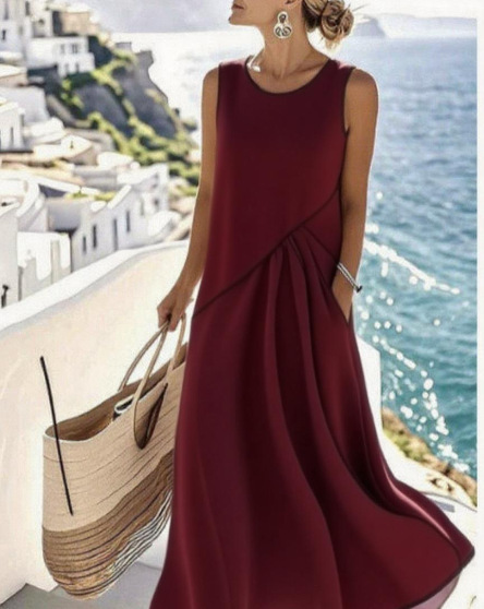 Women's Sleeveless Crew Neck Colorblock Knit Maxi Dress