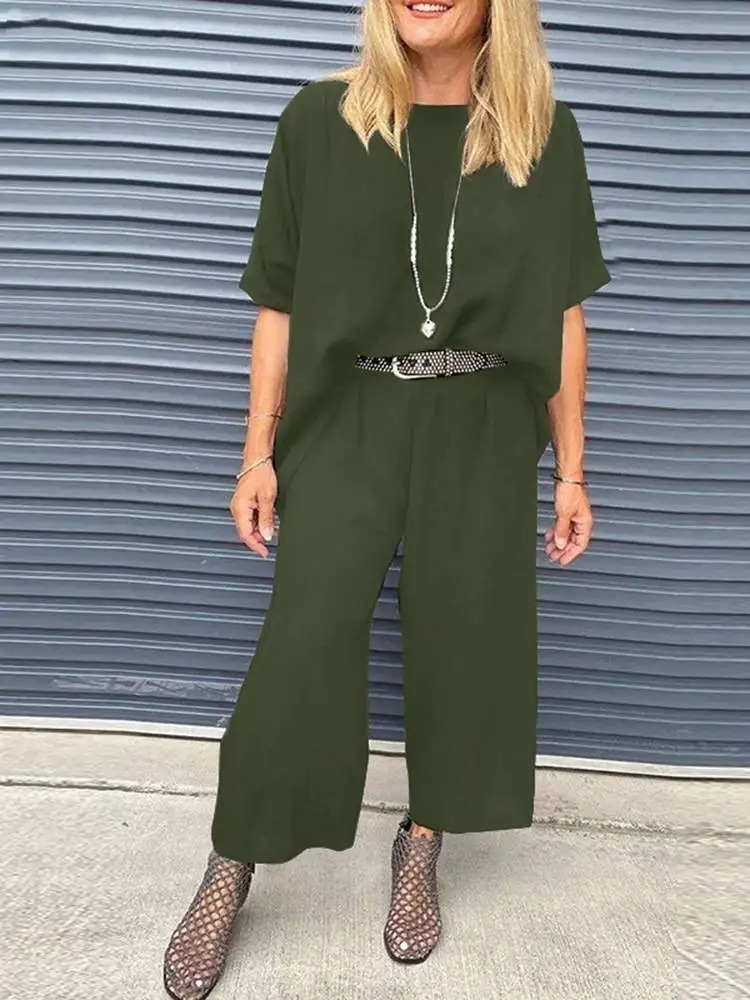 Women's Summer Casual Round Neck Half-Sleeve Top and Wide-Leg Pants Set