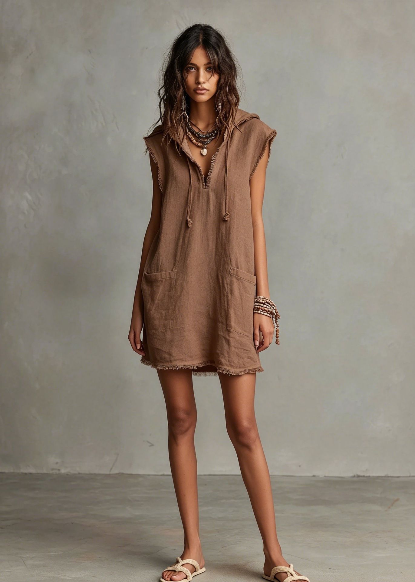 Women's V-Neck Linen Blend Mini Dress with Hood Sleeveless Raw Hem