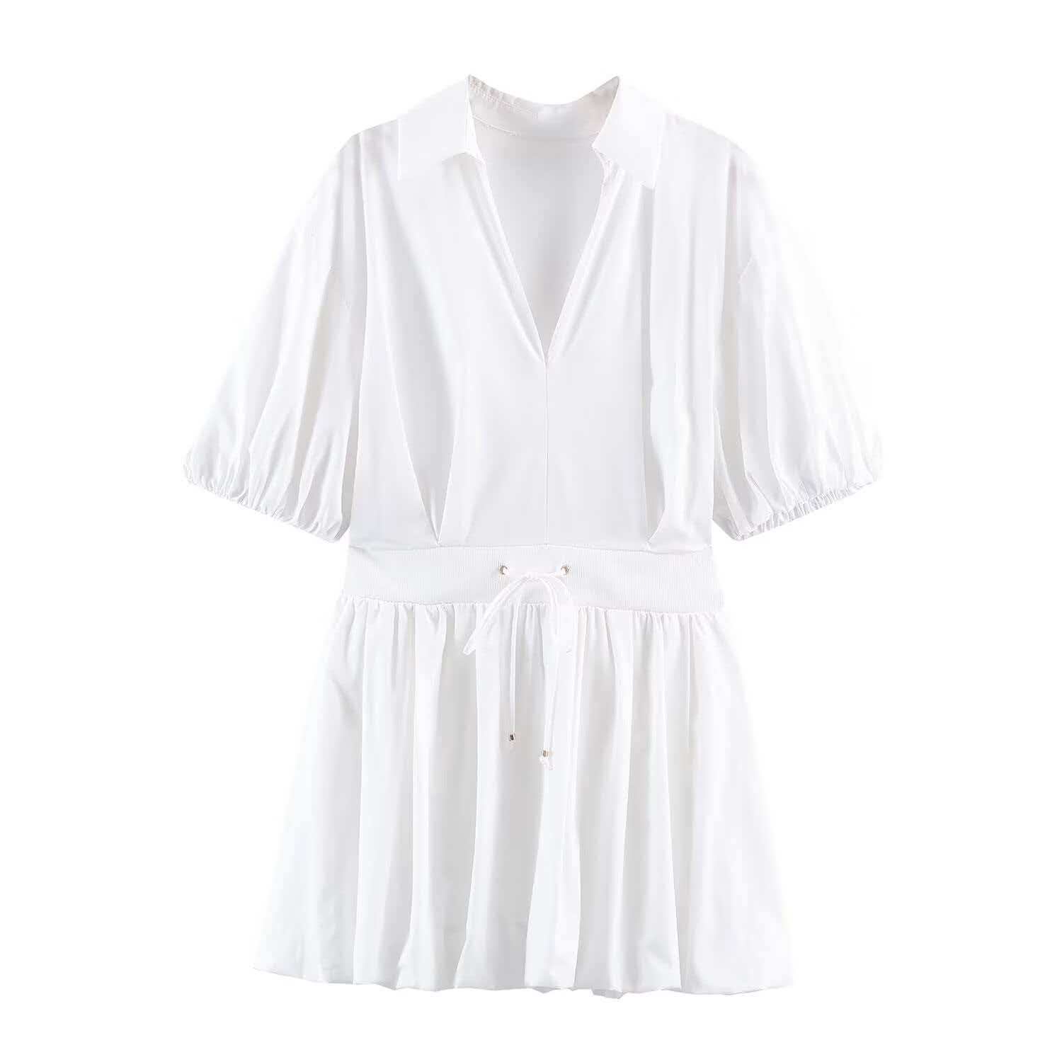 White V-Neck Puff Sleeve Cinched Waist Shirt Dress