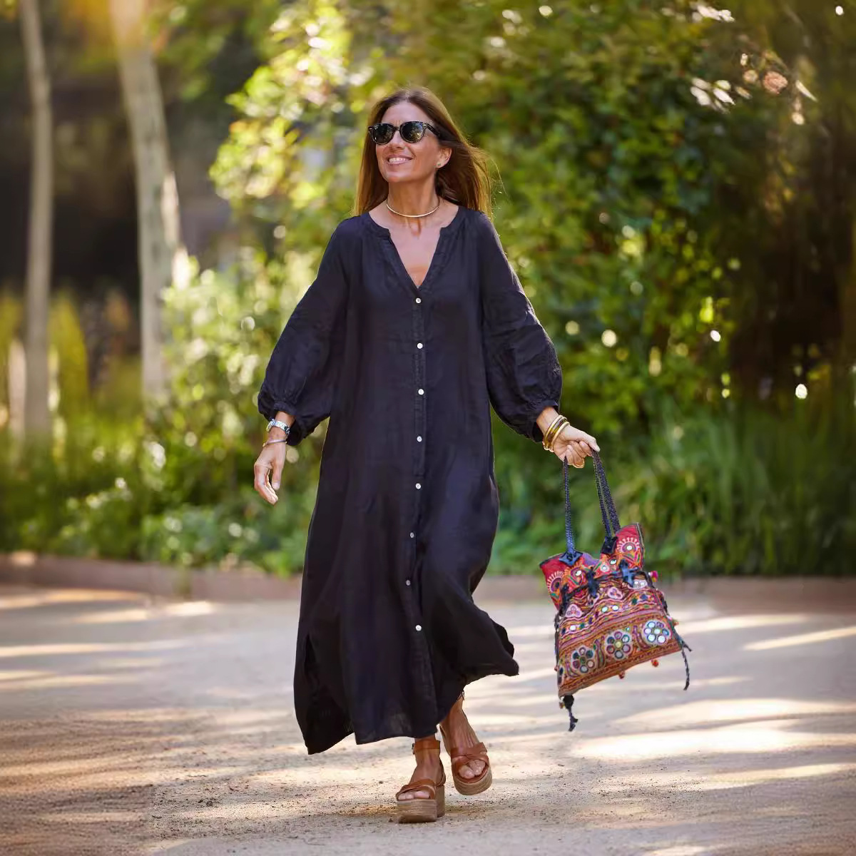 Women's Cotton-Linen V-Neck Long Shirt Dress Casual Commuter