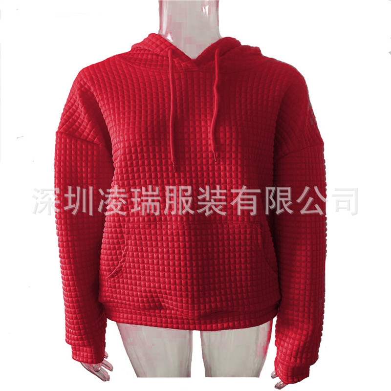 Women's Waffle Knit Hooded Pullover Sweatshirt Solid Color Long Sleeve