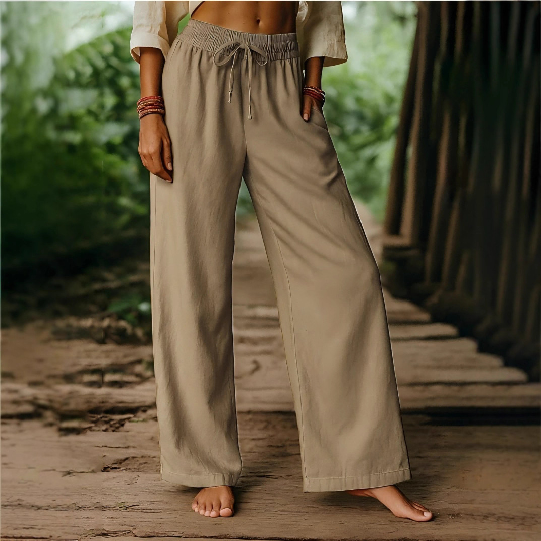 Women's Cotton-Linen Wide-Leg Pants High Waist Drawstring Casual