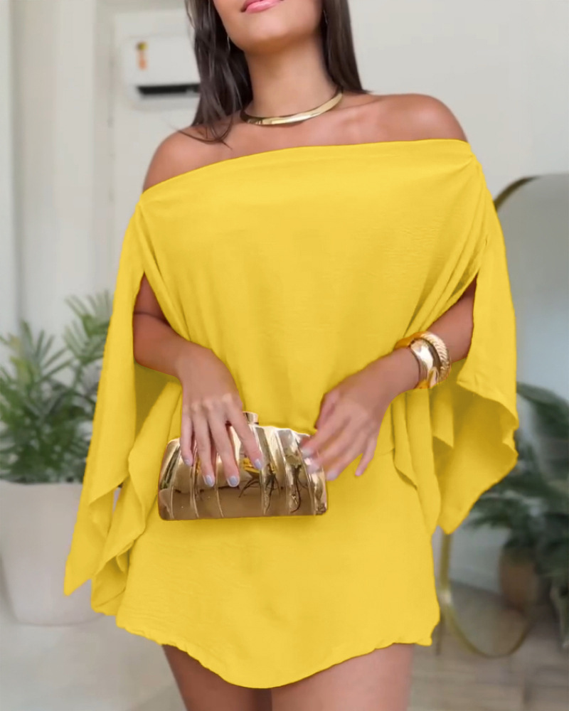 One-Shoulder Slit Sleeve Dress Set Solid Color Slimming Short Skirt