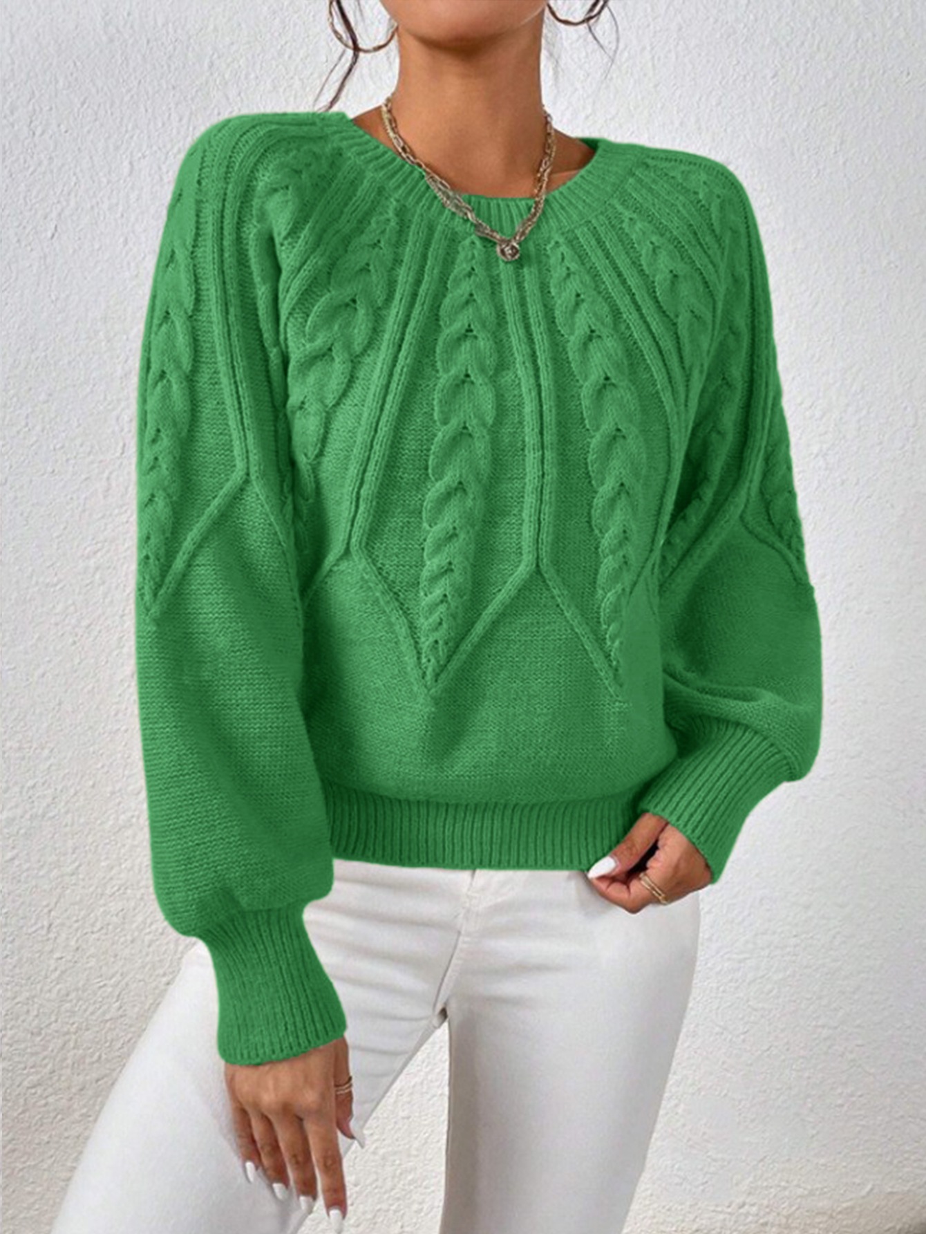 Women's Cable Knit Crewneck Pullover Sweater Solid Color Casual Top