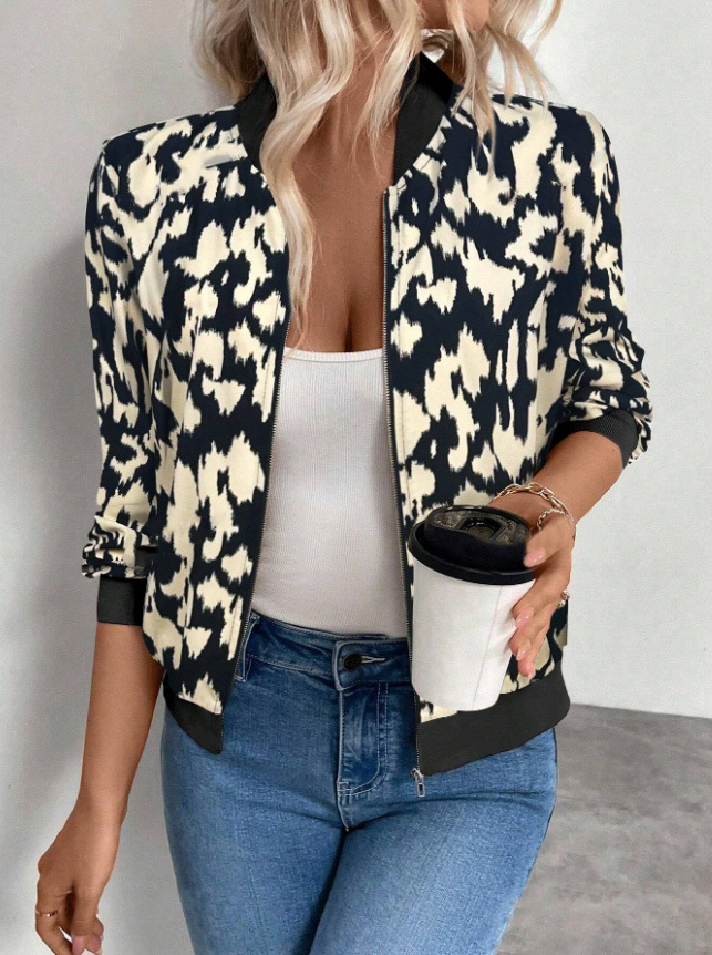 Solid Color Spliced Zip-Up Slim Fit Casual Jacket
