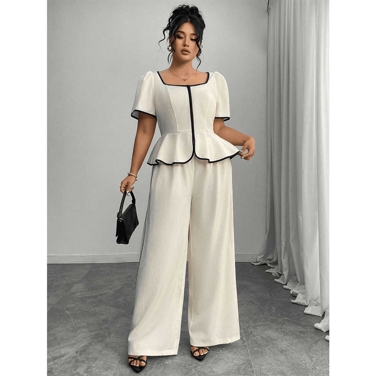 Plus Size French Square Neck Colorblock Two-Piece Set with Waist-Cinching Ruffle Top and Wide-Leg Pants