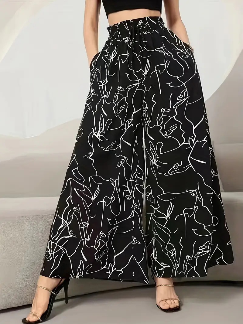 Women's Wide-Leg Pants with Cinched Waist and Flowing Hem
