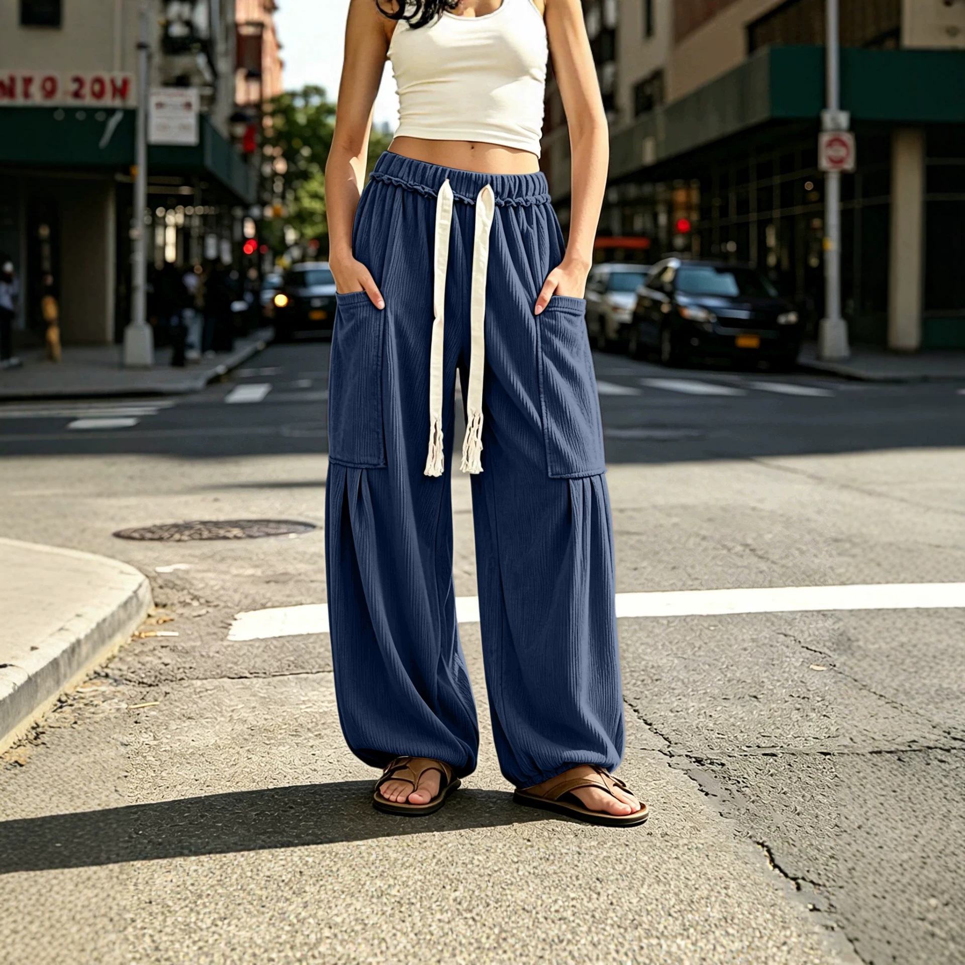 Women's Corduroy Cargo Pants Drawstring Elastic Waist Multi-Pocket Loose Tapered