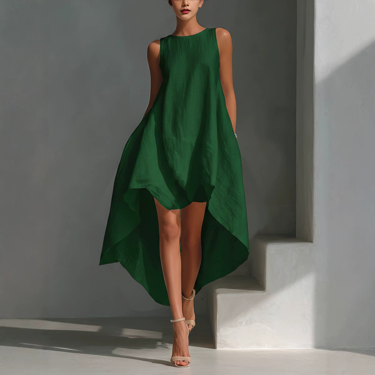 Women's Summer Sleeveless Round Neck Solid Color Flowy Midi Dress