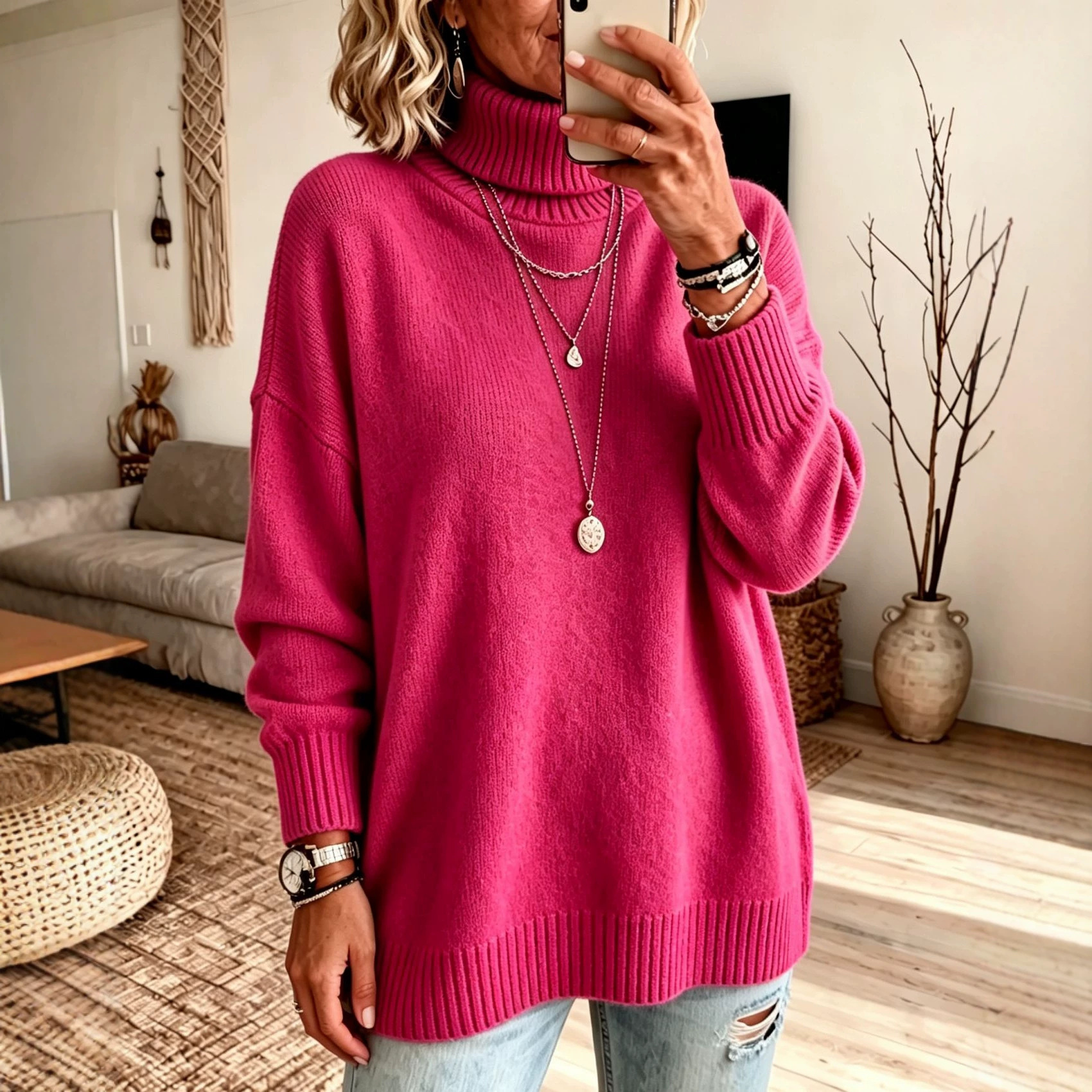 Women's Turtleneck Sweater Loose Knit Pullover Soft Thickened Base Layer