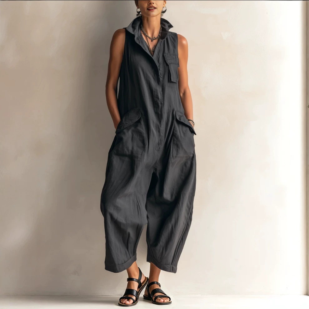 Black Sleeveless Cargo Wide-Leg Jumpsuit