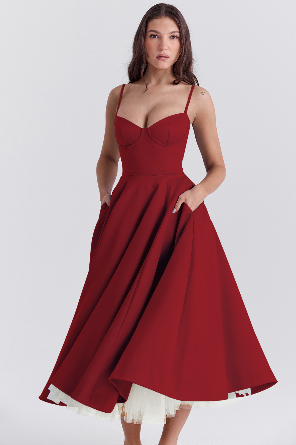Women's French Style Tulle Double-Layer Cami Maxi Dress with Full Skirt