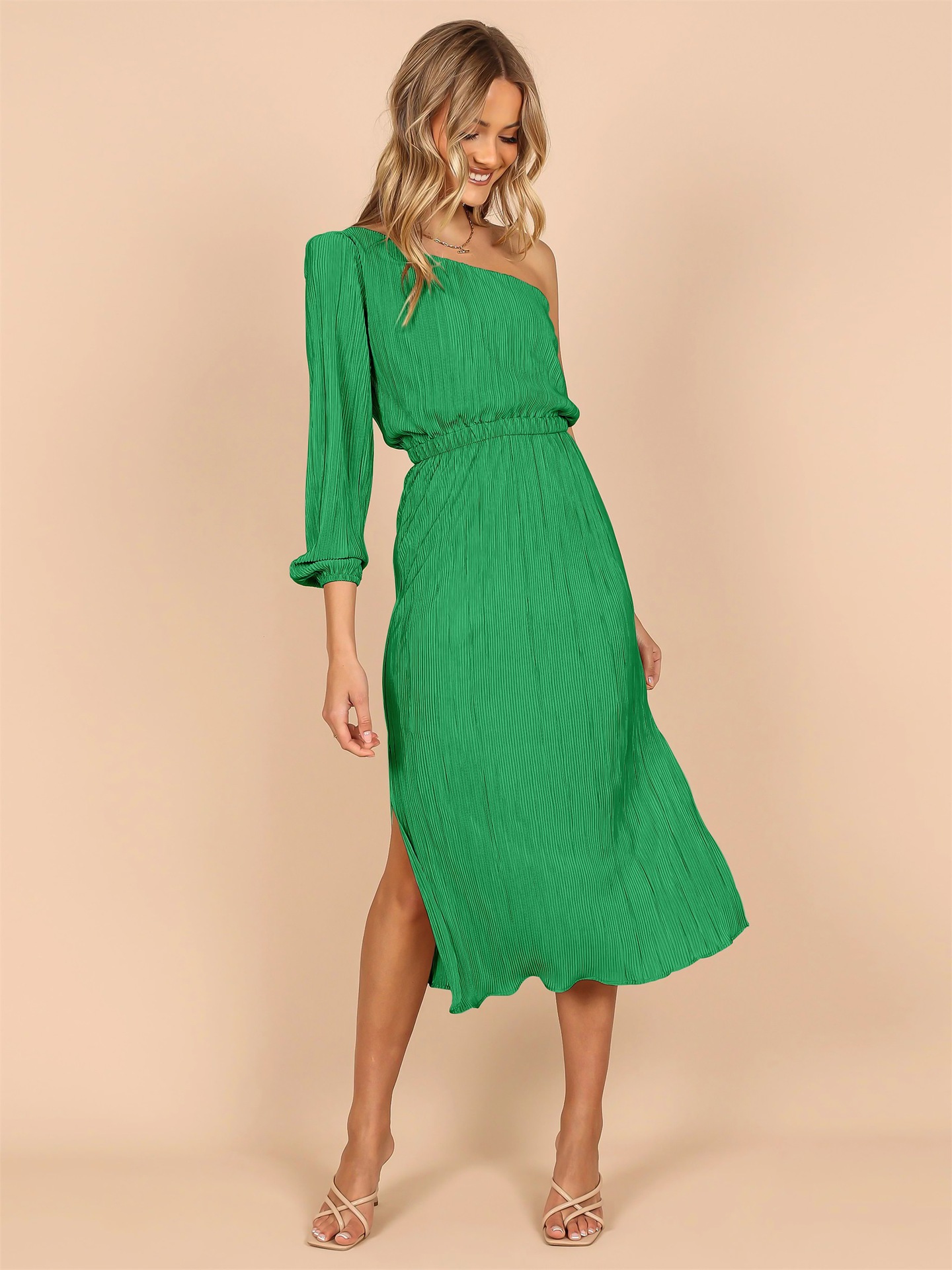 Sexy One-Shoulder Midi Dress with Slit and High Waist