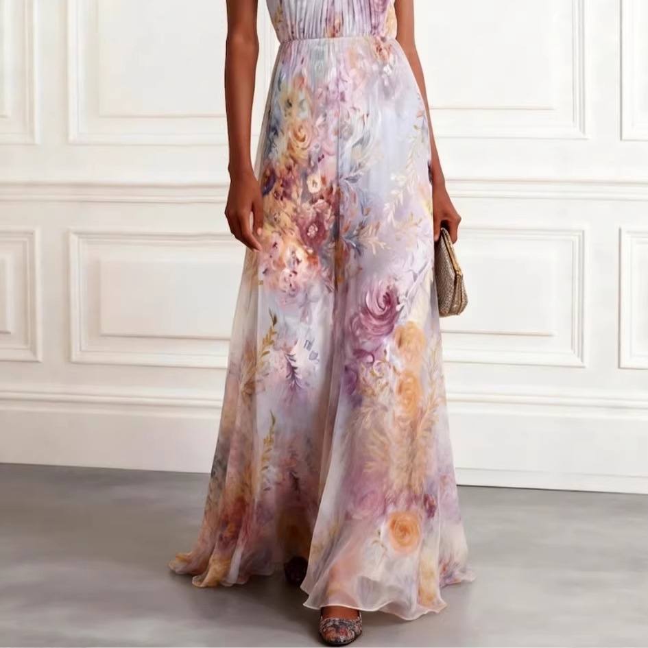 Halter Print Sleeveless Maxi Dress – Flowy Chiffon Evening Gown