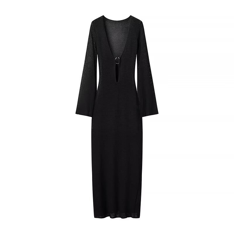 V-Neck Bell Sleeve Pleated Long Dress