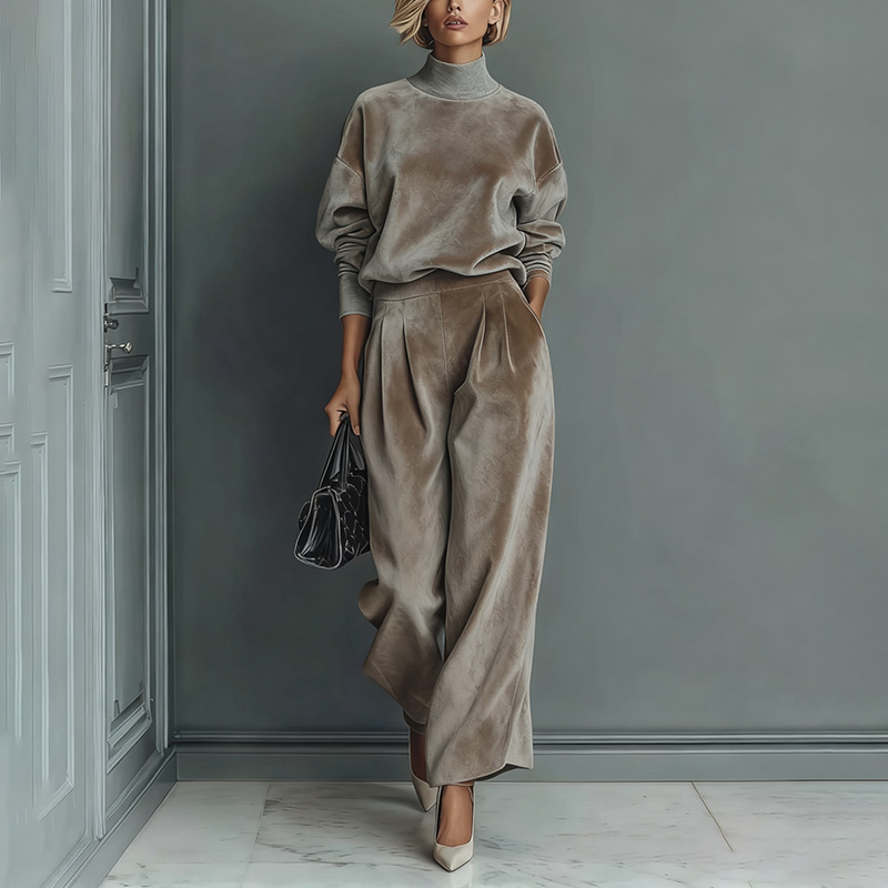 Women's Knit Long-Sleeve Top & Wide-Leg Pants Two-Piece Set