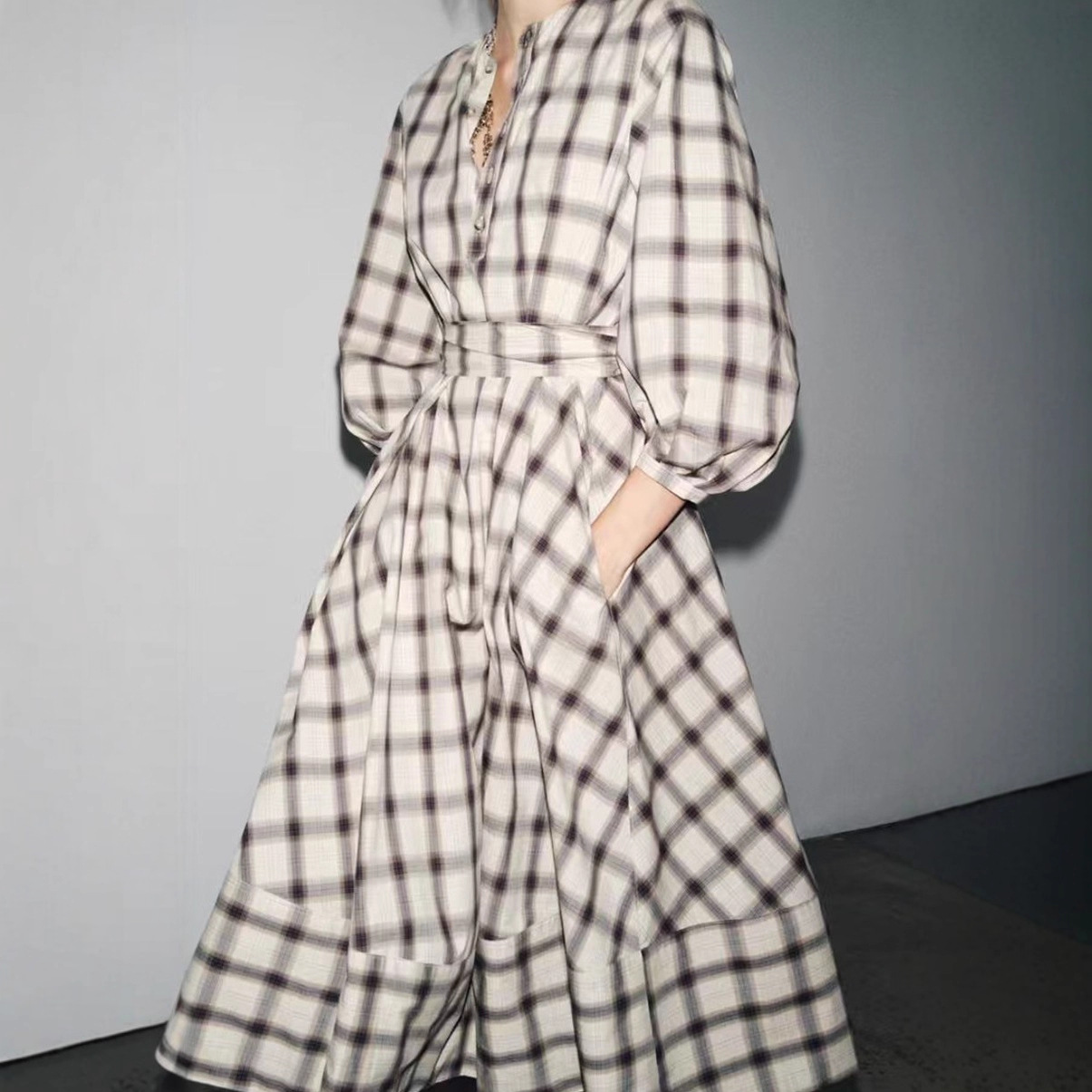 Women's Button-Front Long-Sleeve Belted Plaid Shirt Dress
