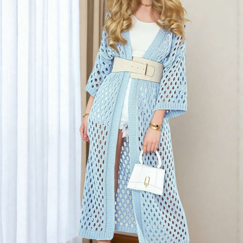 Women's Open-Front Knit Mesh Hollow-Out Beach Cardigan Dress