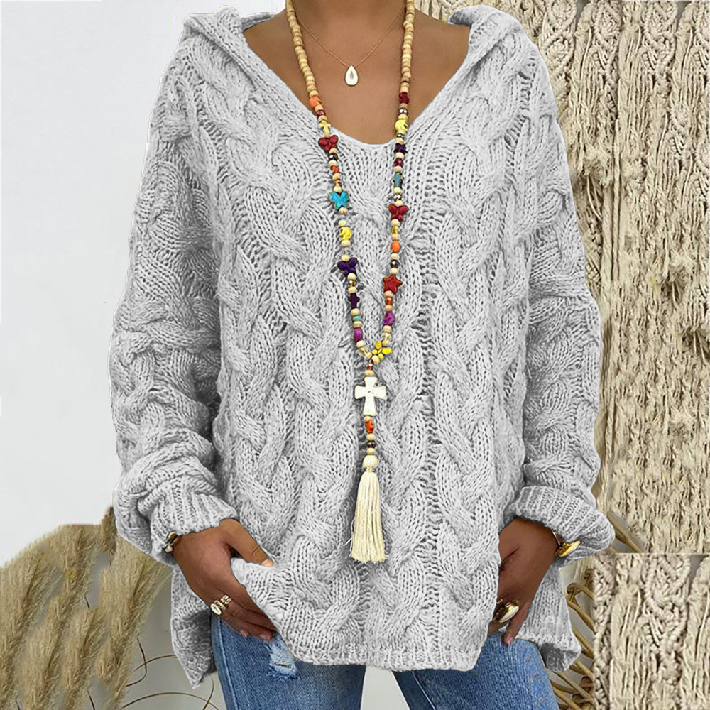 Women's Cable Knit V-Neck Hooded Pullover Sweater