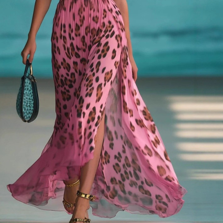 Women's Leopard Print Deep V Sleeveless Split Dress
