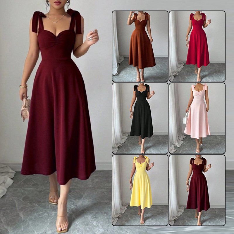Solid Color Sleeveless Midi Dress with Waist-Cinching A-Line Silhouette