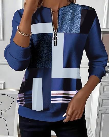Retro Plaid Colorblock Print Half-Zip Hoodie for Women