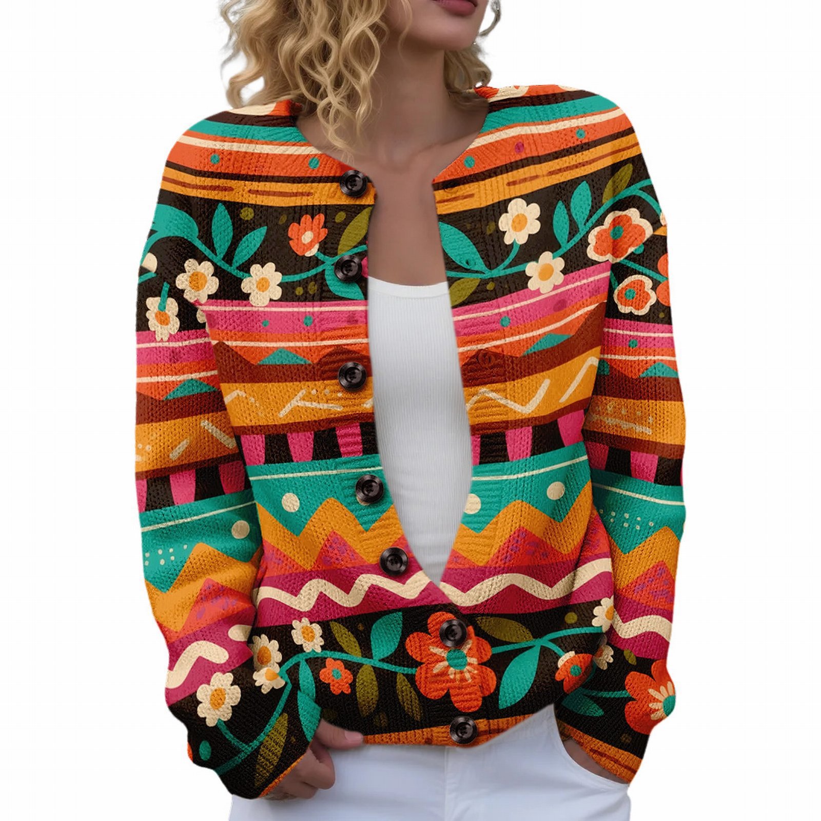 Women's Floral Maple Leaf Print Button Cardigan